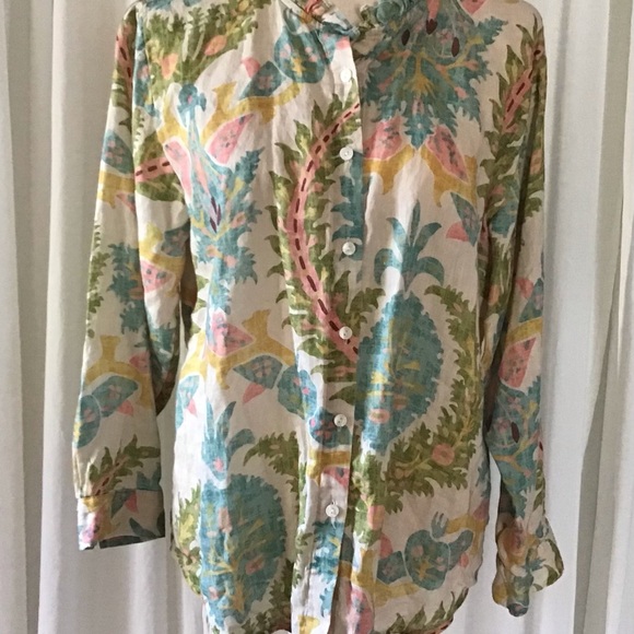 Women’s Spartina 449 Jori Linen Shirt Sugar Mill Damask Ruffle Collar Small - Picture 3 of 12